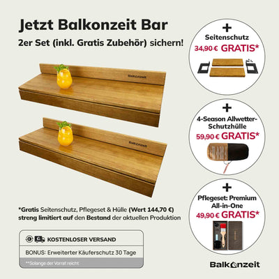 Balkonzeit Bar aus Massiveiche 2er Set (inkl. Zubehör)