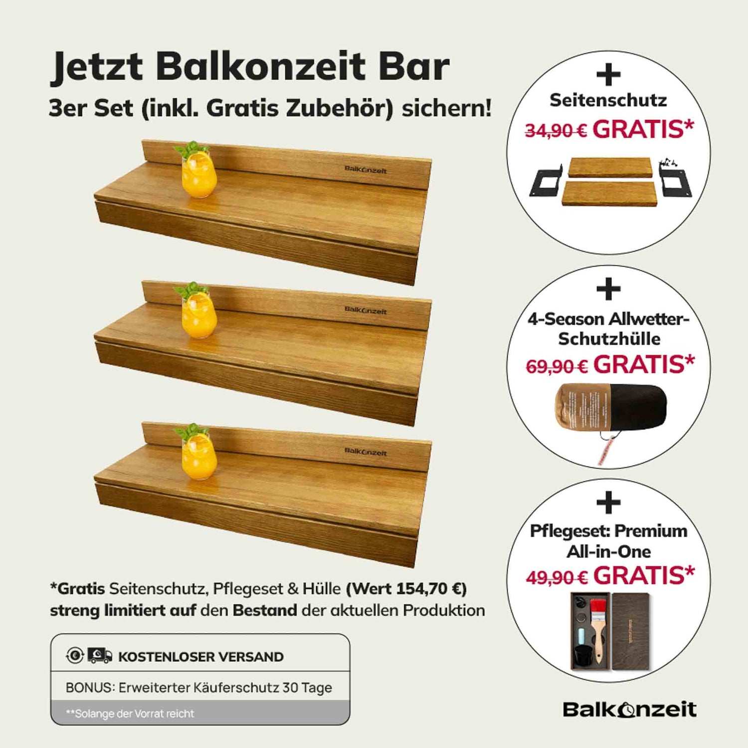 Balkonzeit Bar aus Massiveiche 3er Set (inkl. Zubehör)